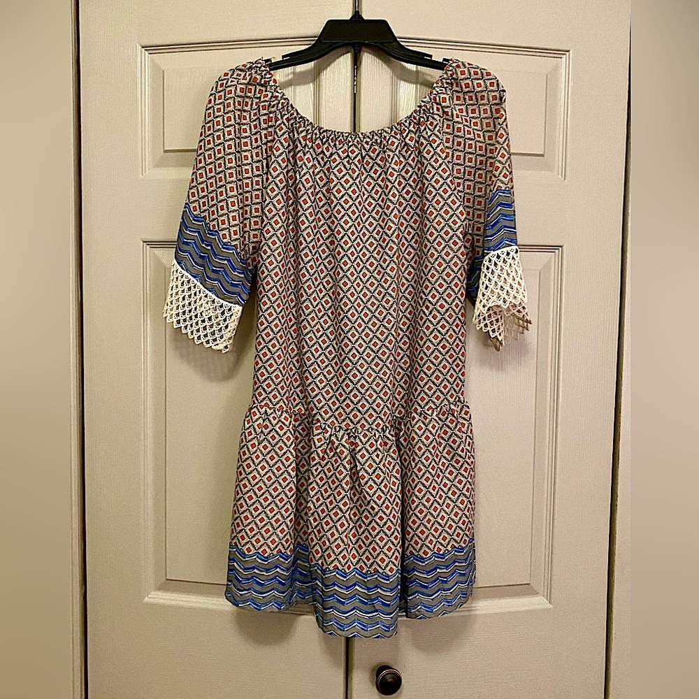Umgee Boho Geometric Muted Color Print Blouse with Crochet Trimmed Bell …